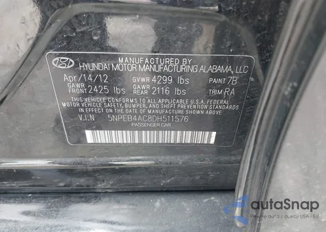 2013 Hyundai Sonata Gls z USA, uszkodzony, nr VIN 5NPEB4AC8DH511576